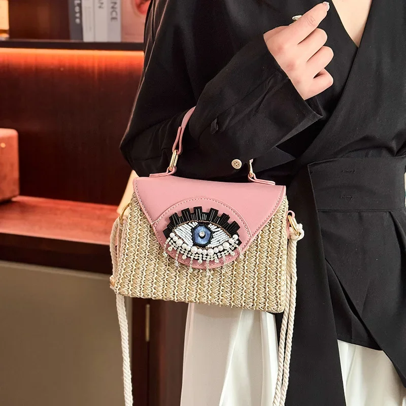 

Cartoon Big Eyes Woven Women's Handbag Funny Versatile Crossbody Beach Bag