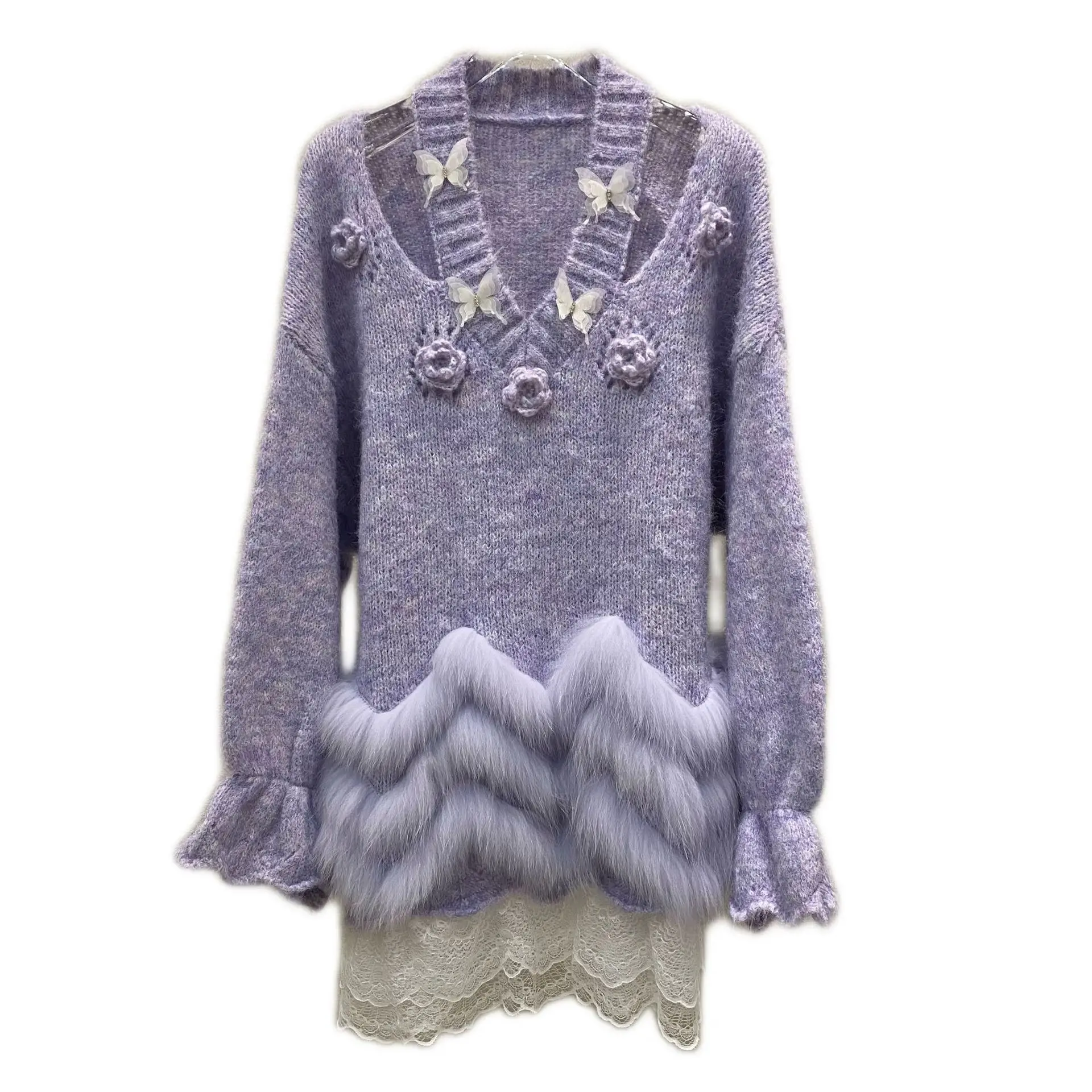 2025 Autumn Winter New Floral Design Sweaters Women Faux Fox Fur Coats V-neck Off-shoulder Knitted Tops Solid Color Knitwears