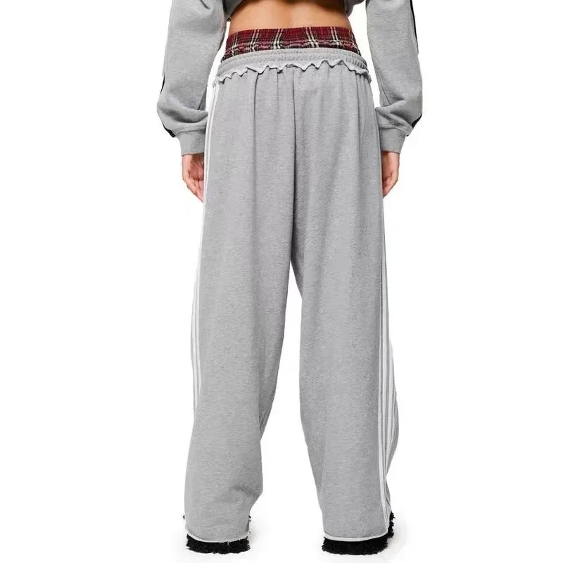 American Casual Streetwear Pants Grid Print Loose Straight Leg Sweatpants Side Striped Splicing Design