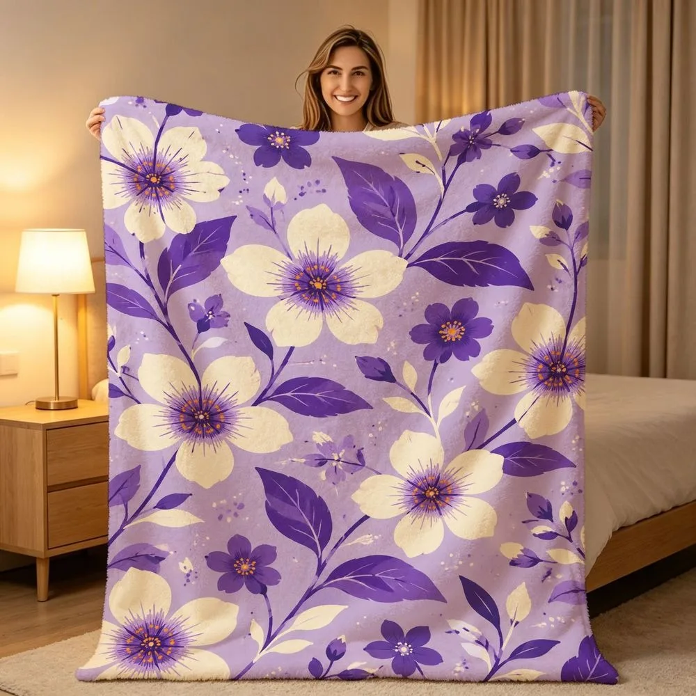 Lavender Garden Throw Blanket, Elegant White‑Purple Flower Foliage Print, Soft Warm All Season Blanket for Sofa Couch Bedroom