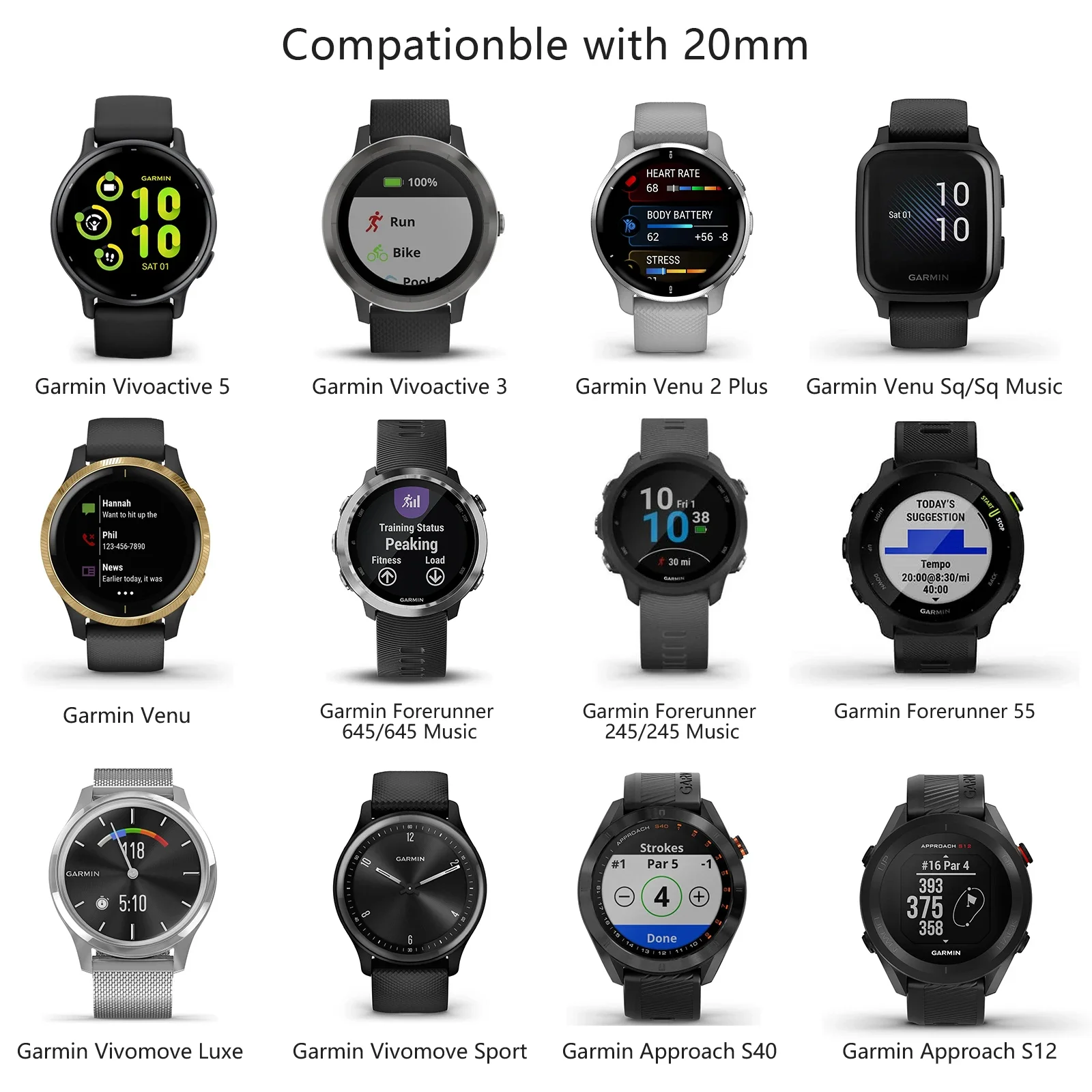 ซิลิโคน 20 มม.สําหรับ Garmin Vivoactive 5/3/Luxe/Sport Venu/Venu 2Plus/Sq/Sq เพลง Approach S40/S12 Forerunner 55/645/245 Band