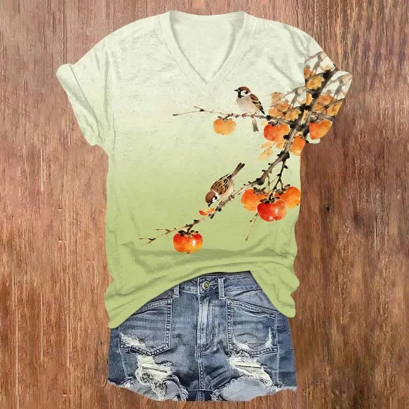 Japanese Cute Bird Eating Persimmon On The Branch Print V-neck T-shirt Summer Women's T Shirts