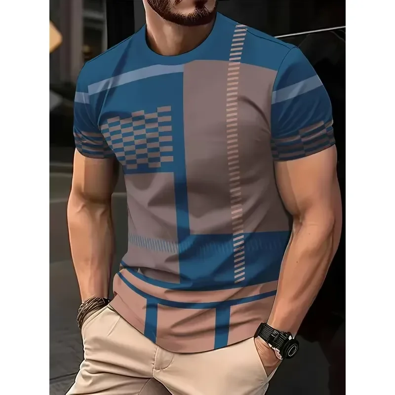 3D Digital Print Men T Shirt Blue Brown Geometric Square Pattern Short Sleeve Breathable Comfortable Fit Casual Daily Wear