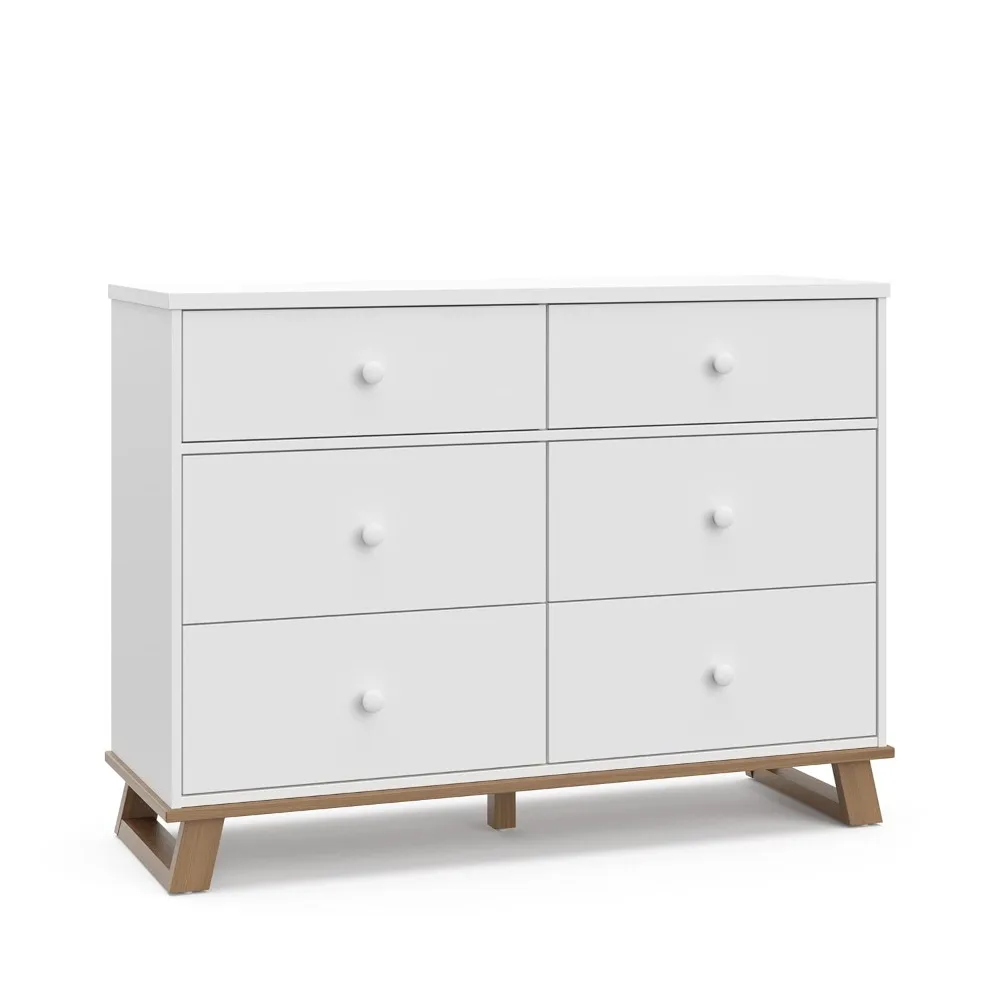 Modern 6 Drawer Double Dresser (White with Vintage Driftwood) – GREENGUARD Gold Certified, Modern Double Dresser for Nursery