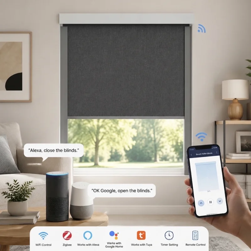 100% Blackout Motorized Roller Shades Side Tracks U Channel Works With Tuya Google Wifi Control Smart Roller Blinds For Window