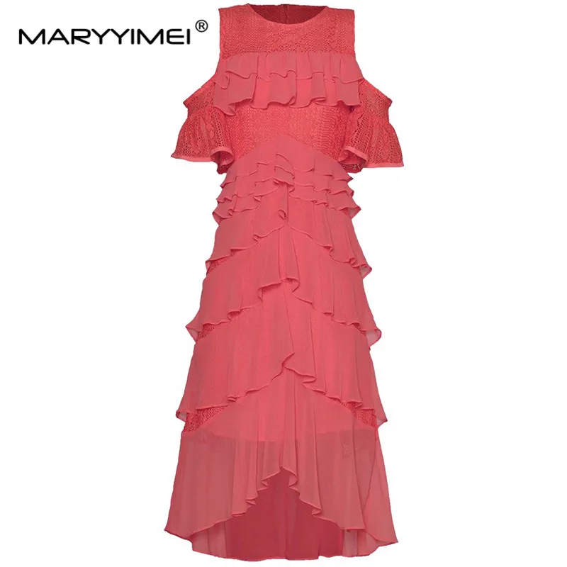 Maryyimei Mode Damen neue Rundhals ausschnitt schulter frei kurz ärmelig aushöhlen geschichteten Volant Rand elegante Kuchen Midi-Kleid