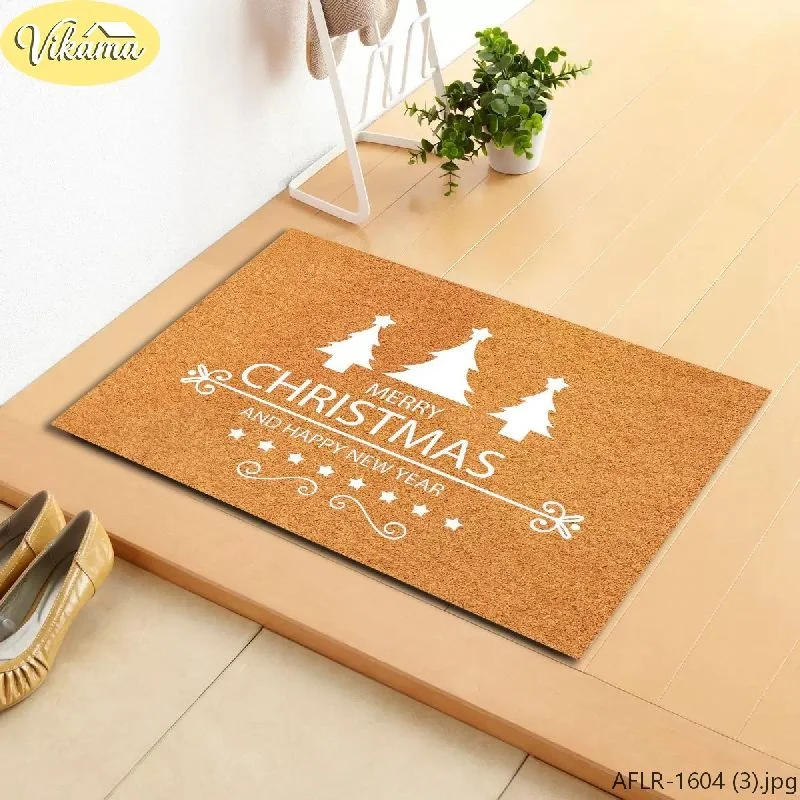 VIKAMA Christmas Tree & Typographic Flannel Door Mat, Washable Non-Slip Door Mat, Decor for Front Door Entryway Kitchen Bedroom