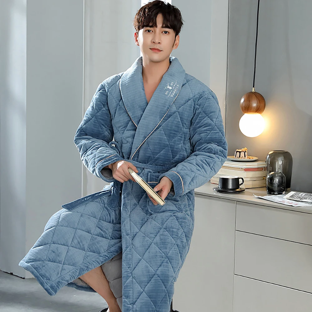 Winter Flannel Warm Men's Terry Robe 3-layer Super Thick Kimono Plush Robes Casual Comfortable Bathrobe Long Shower Robe for Men