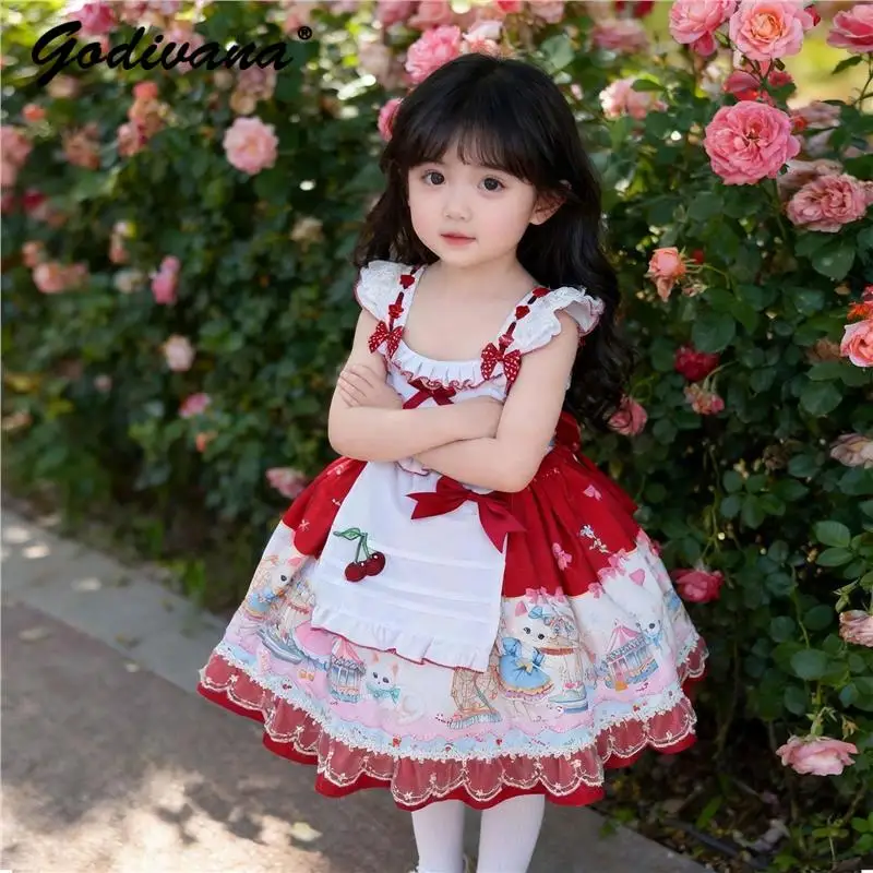 Sweet Baby Girls Red Lolita Princess Dress Kids Cute Cartoon Print Ruffle Trim Slim Waist Sleeveless Birthday Party Ball Gown