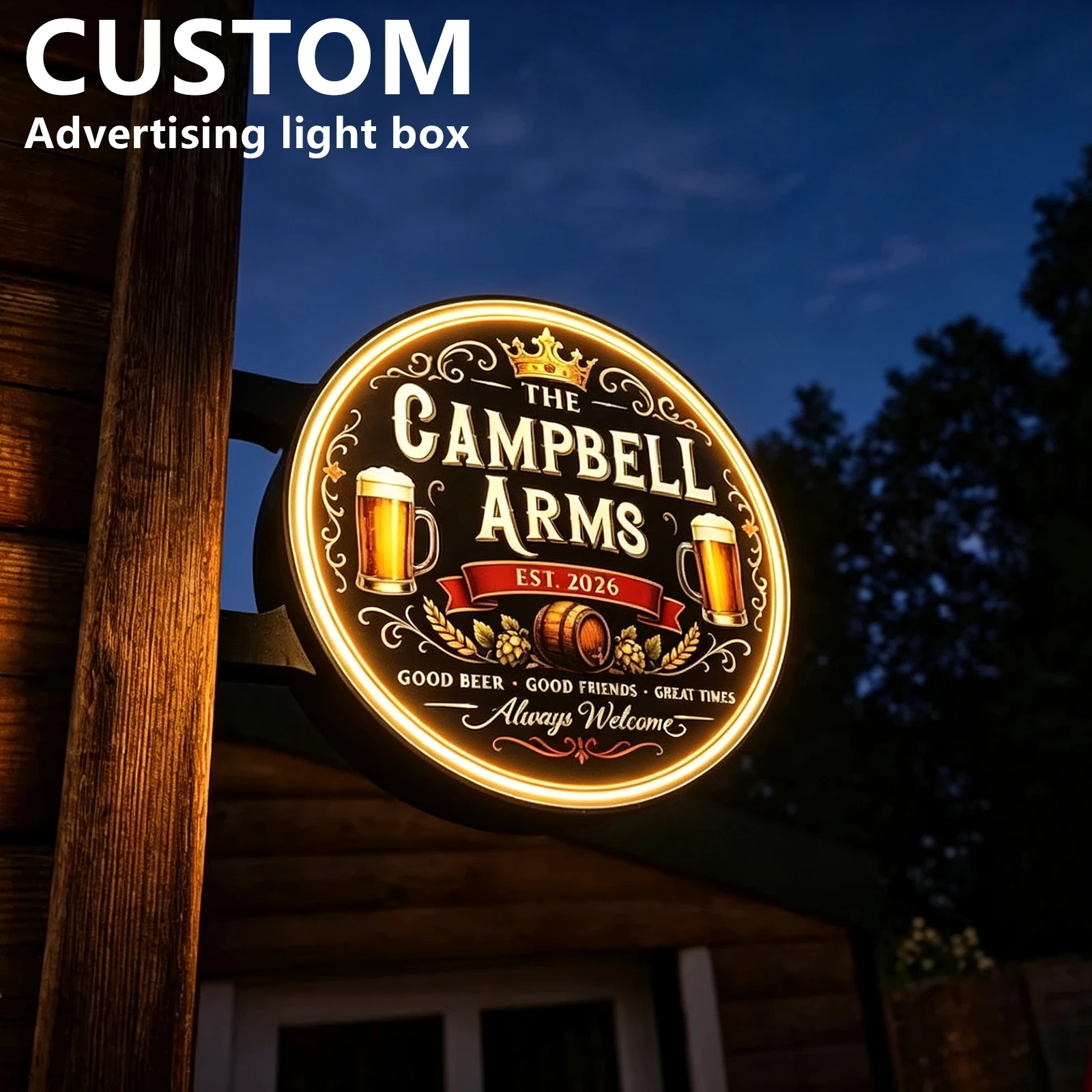 Custom Round LED Lights Box Double-Sided Outdoor Business Sign Illuminated Storefront Sign Personalized Logo Sign for Shops