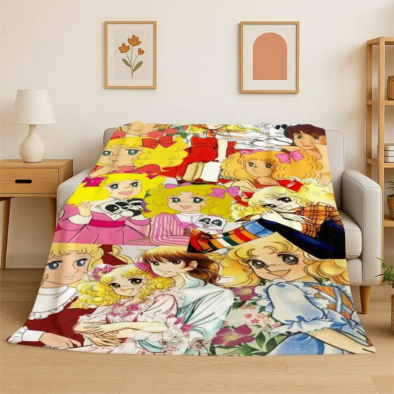 Cute Candy Candy Girl Cartoon Flannel Blanket Soft Warm Throw Blanket for Bedroom Living Room Bed Travel Camping Picnic Gift