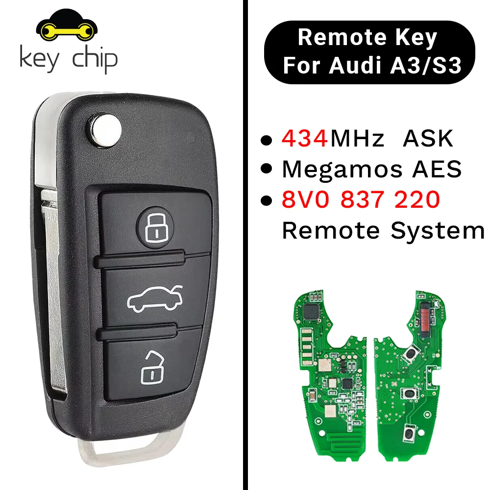 

KeyChip 8V0837220 откидной дистанционный ключ для Audi A3 S3 434 МГц ASK 2006 2007 2008 2009 2010