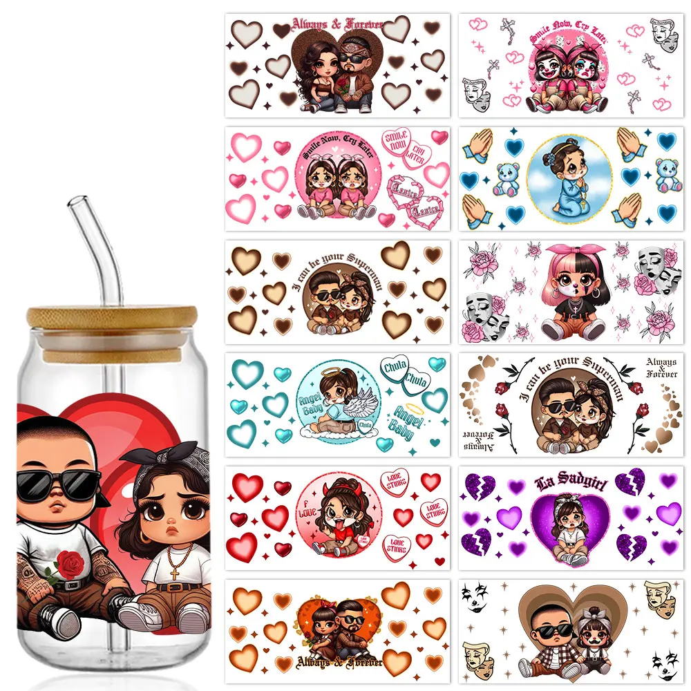 Valentine Cholo 16oz UV DTF Cup Wrap Transfers Libbey Wrap Tumbler Stickers Glass Can Decal Self-adhesive Waterproof