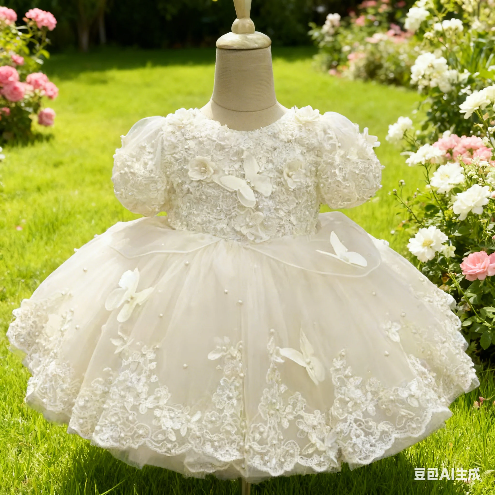 

Flower Girl Dress Wedding Floral Decorations Pearls Short Sleeves Baby Birthday Party First Communion Dress Custom-Made