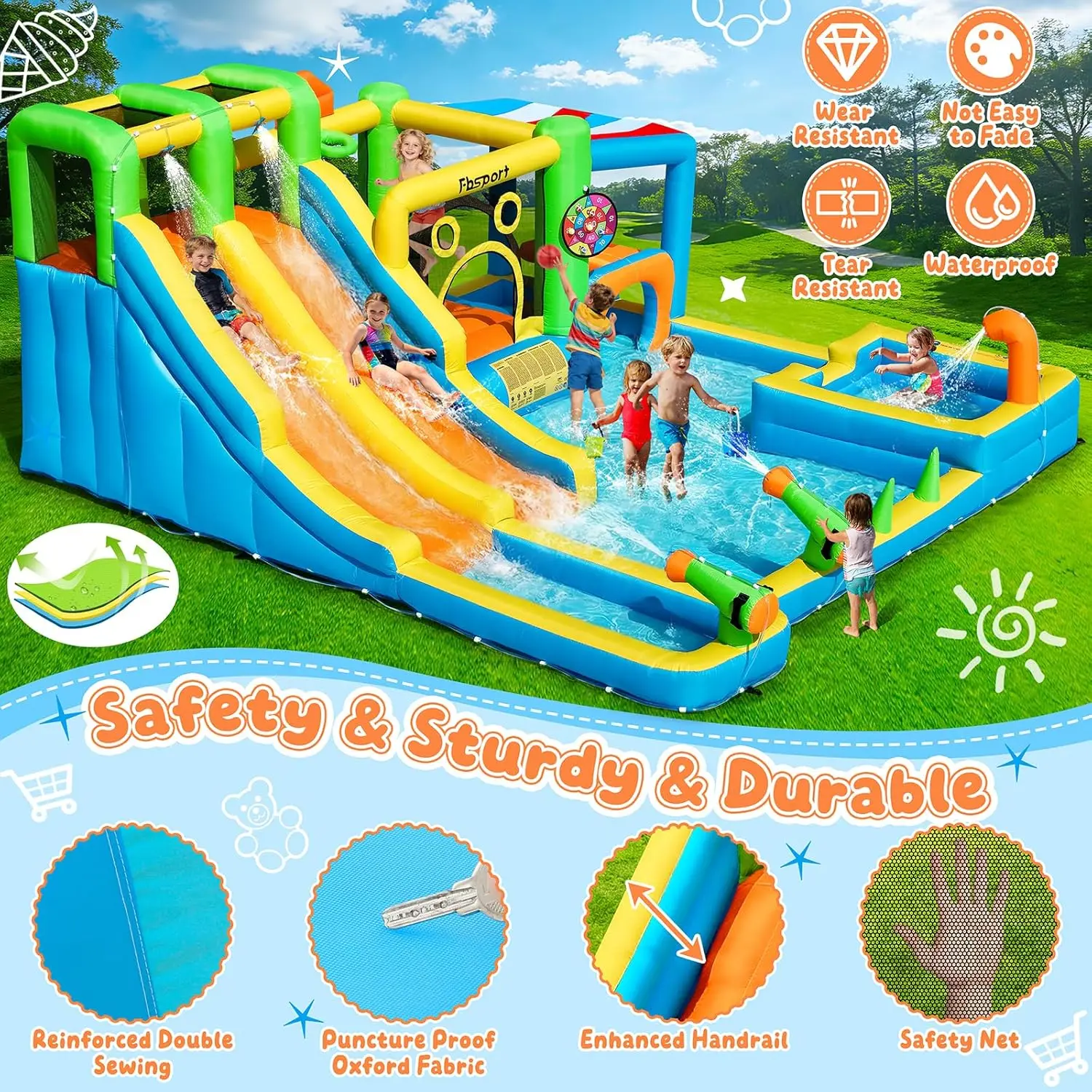11-in-1 Inflatable Water Slide Park with Bouncy Castle, Double Water Slides, Splash Pool, Climbing Wall, and 680W Blower, for Indoor & Outdoor Backyard Fun view 4