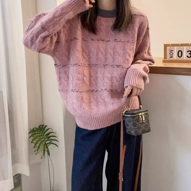 Korean style long-sleeved soft waxy loose sweater for women autumn and winter new style pullover contrast color chic knitted