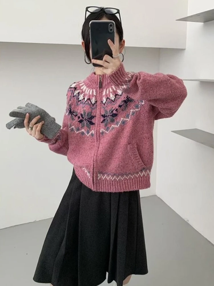 

Korean Fashion Cardigan Half High Collar Long Sleeve Zipper Pockets Jacquard Knit Tops 2025 New Knit Tops Vintage Women Clothing