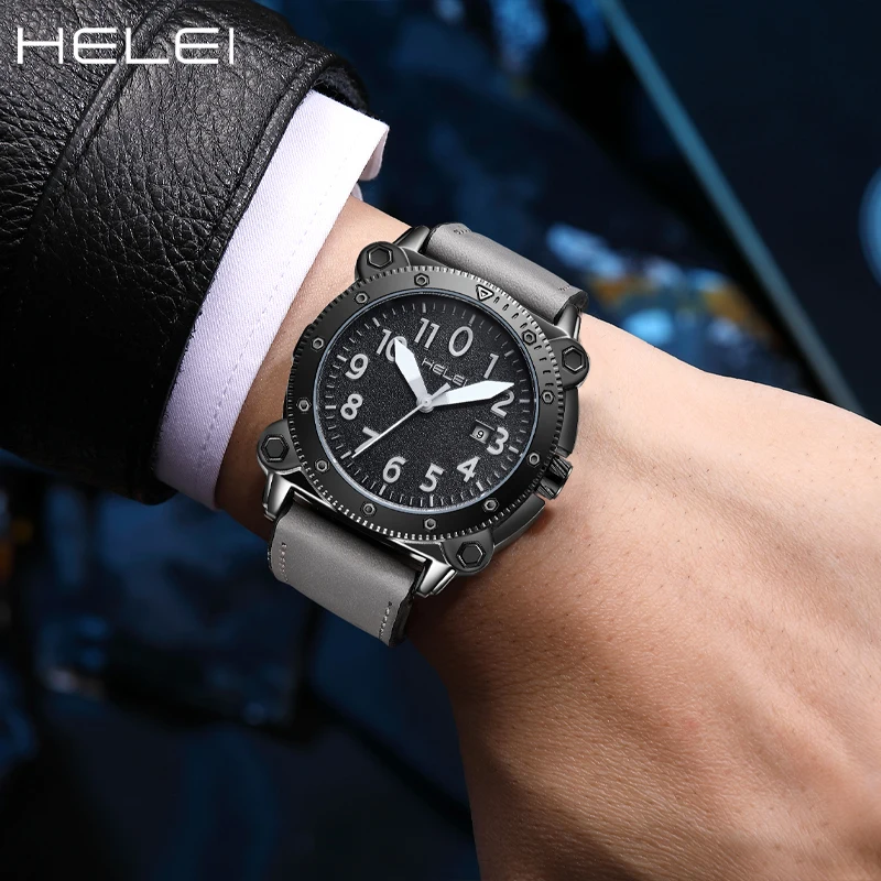 HELEI Fashion new sports casual quartz watch date genuine leather strap men\'s wristwatch