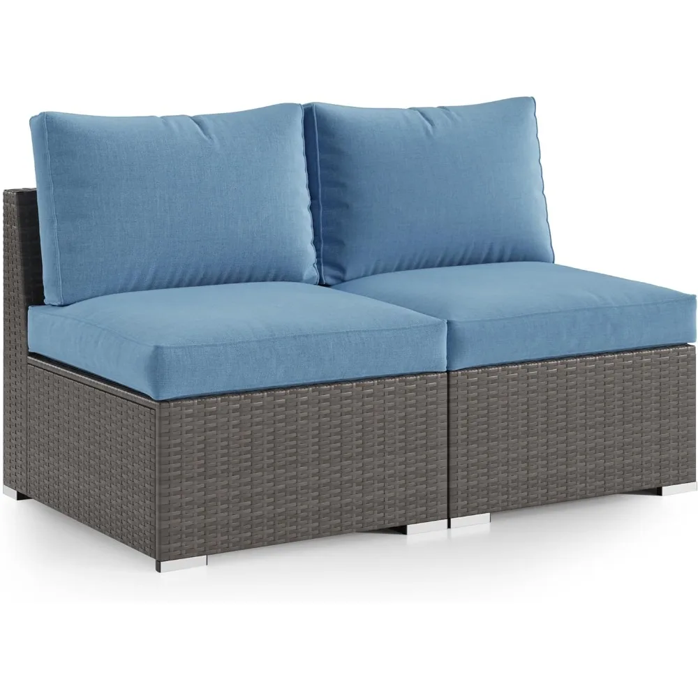 

2 Piece Patio Armless Sofa, Outdoor Wicker Sectional Furniture with Cushion, Additional Loveseats for Garden Backyard, Blue