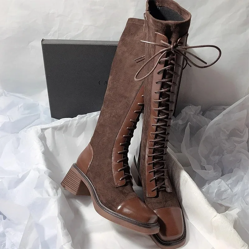 

Women's Knee-high Boots High Quality Suede Leather Boot Lace Up Slim Long Tube Boots Knee-high Chelsea Boot Women Fashion Boots