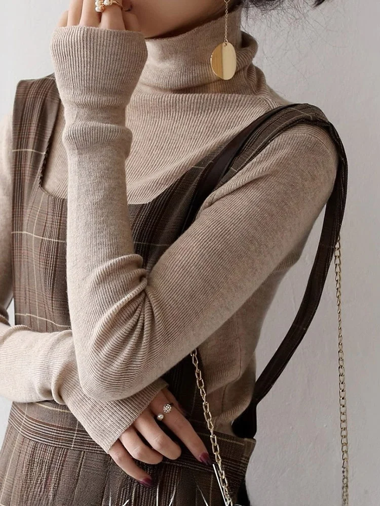 Cseta Interior de Punto con Cuello Alto, Estilo Casual para el Trabajo, Estilo Coreano, Hoada, Color Puro, Manga Larga, ...