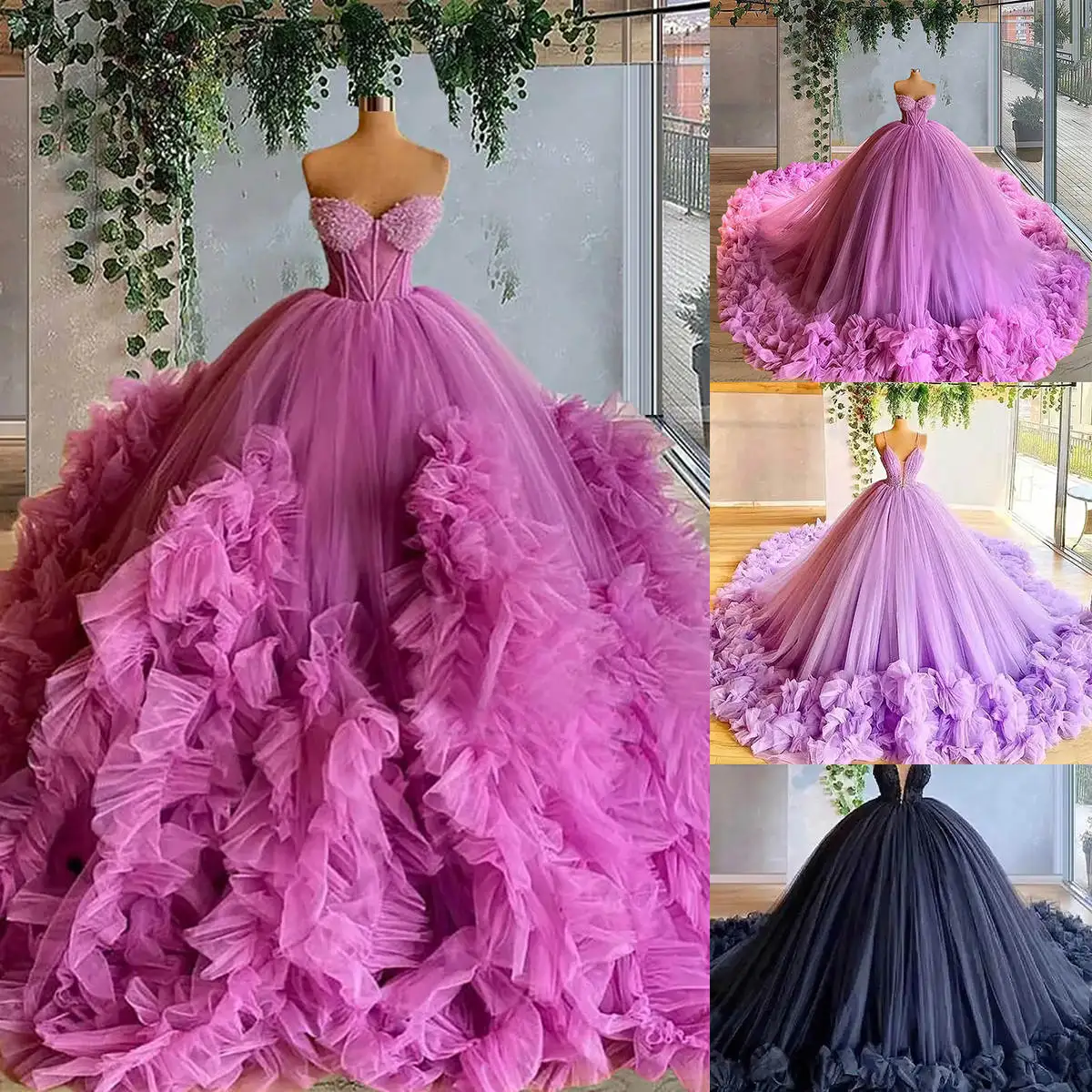 

Colorful Ball Gown Prom Dresses Flowers Ruffles Organza Party Dresses Strapless Plus Size Custom Size Colour vestidos de festa