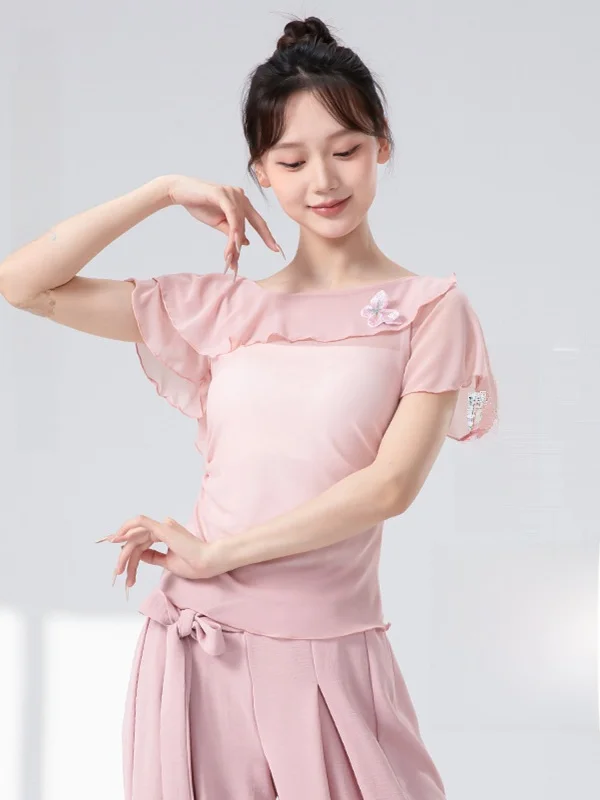 زي رقص عصري أنيق مع زخرفة الفراشة، تنورة بكتف واحد بدون أكمام للنساء، ملابس رياضية للياقة البدنية واليوجا