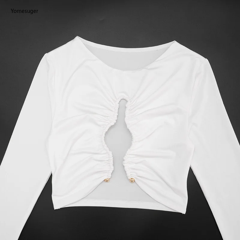 Yomesugar Elegant Two Piece Set Women Sexy Metallic Decoration Long Sleeve Crop Tops and Ruched Flared Pants Matching Tracksuits