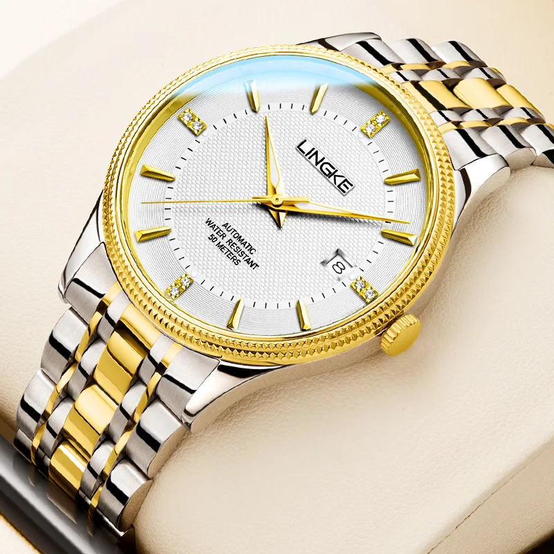LINGKE montres pour hommes classiques en acier inoxydable mouvement automatique mécanique haut de gamme montre-bracelet calendrier montres Reloj Hombre