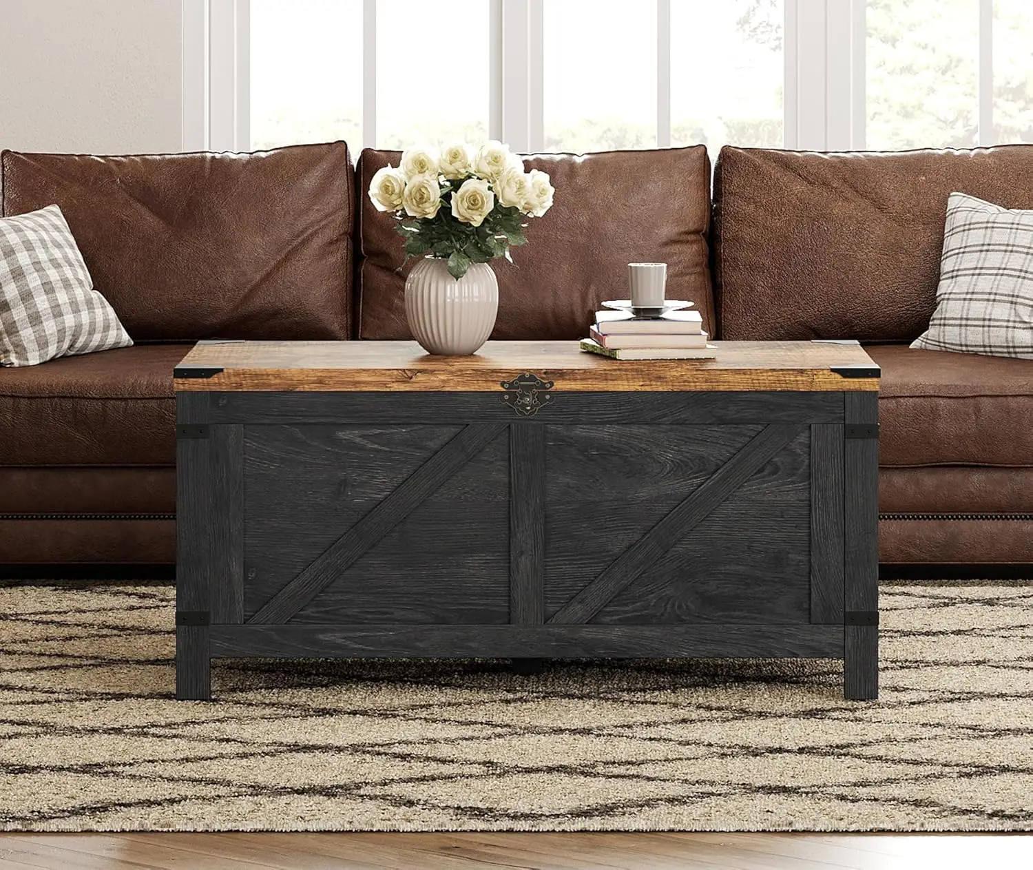 Mesa de centro elevable para sala de estar, mesa de centro de granja con almacenamiento oculto, muebles pequeños con acento con gabinete de malla y Ru