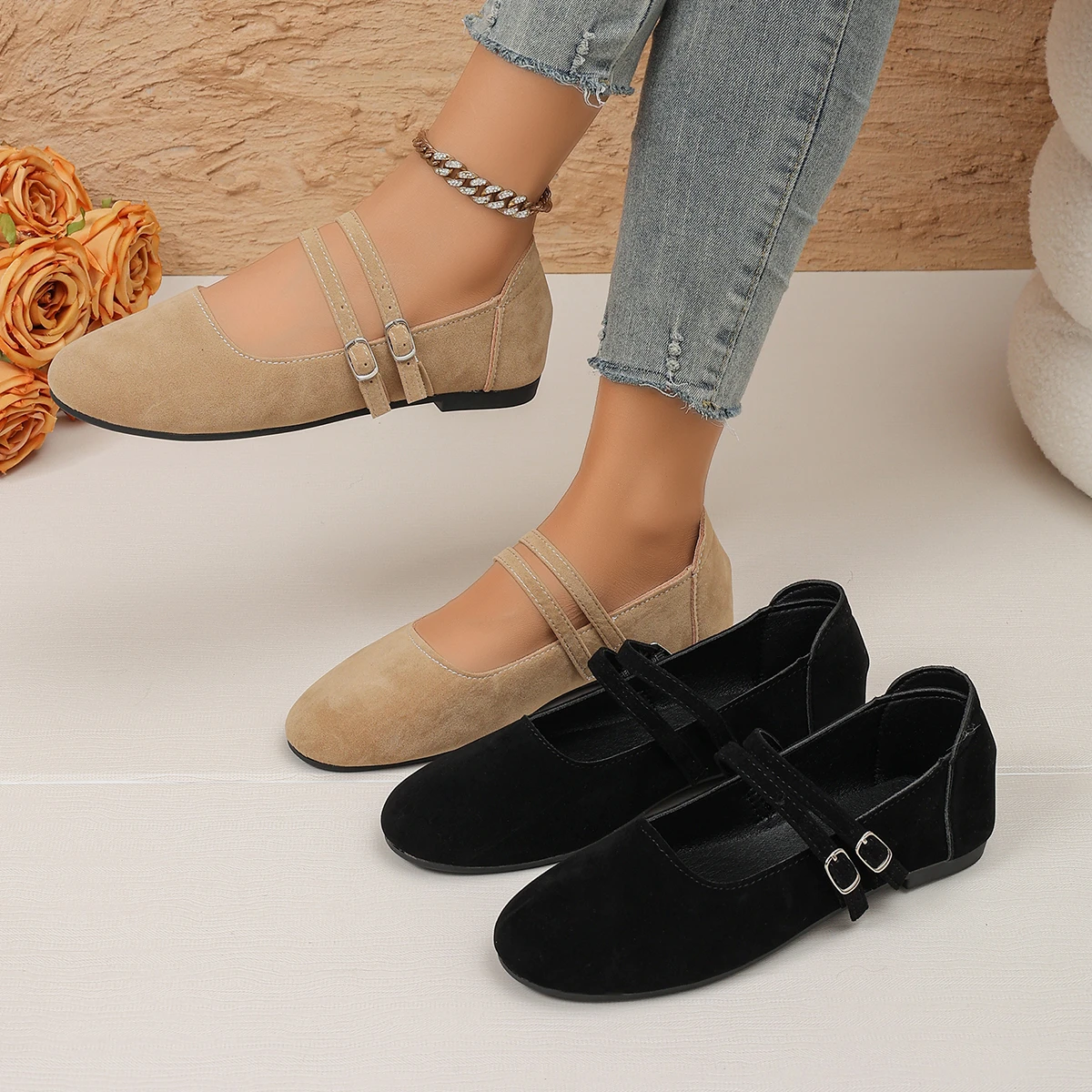 Damen Mary Jane Ballerinas mit doppeltem Riemen, runder Zehenpartie und weicher Sohle, Freizeitschuhe – Detail 1