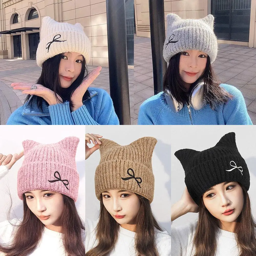 

Women's Winter Hat Bowknot Cat Ears Beanies Windproof Thicken Cold-proof Cap Pullover Knitted Hat Sweet Stretch Slouchy Hat