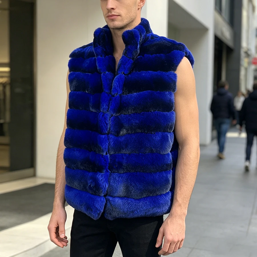 Real Rex Rabbit Fur Vest With Stand Collar Natural Fur Jacket For Men Genuine Fur Waistcoat New Chinchilla Fur Coat