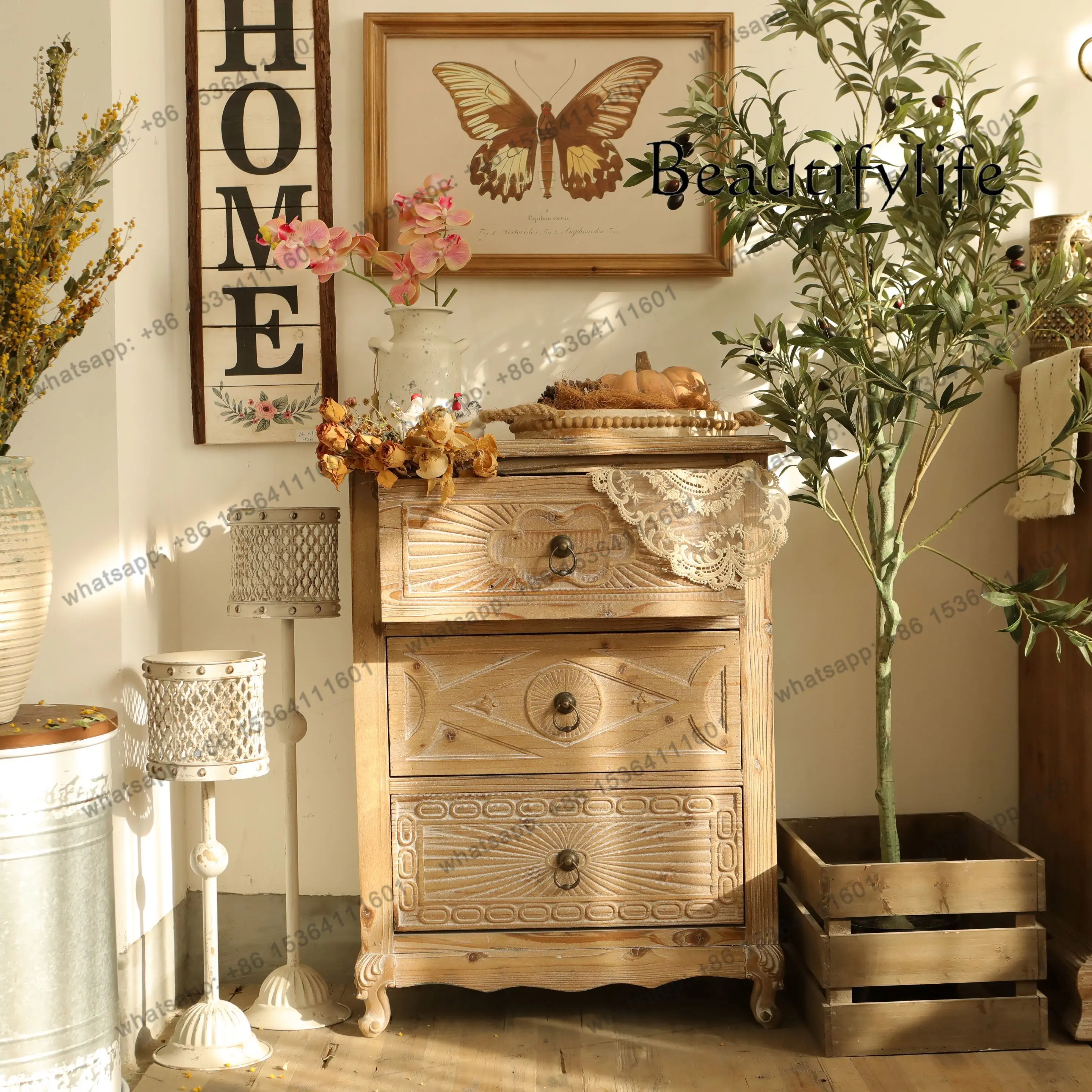 Living room household fir low side cabinet edge few carved log color three pumping cabinet 61 * 35 * 82cm