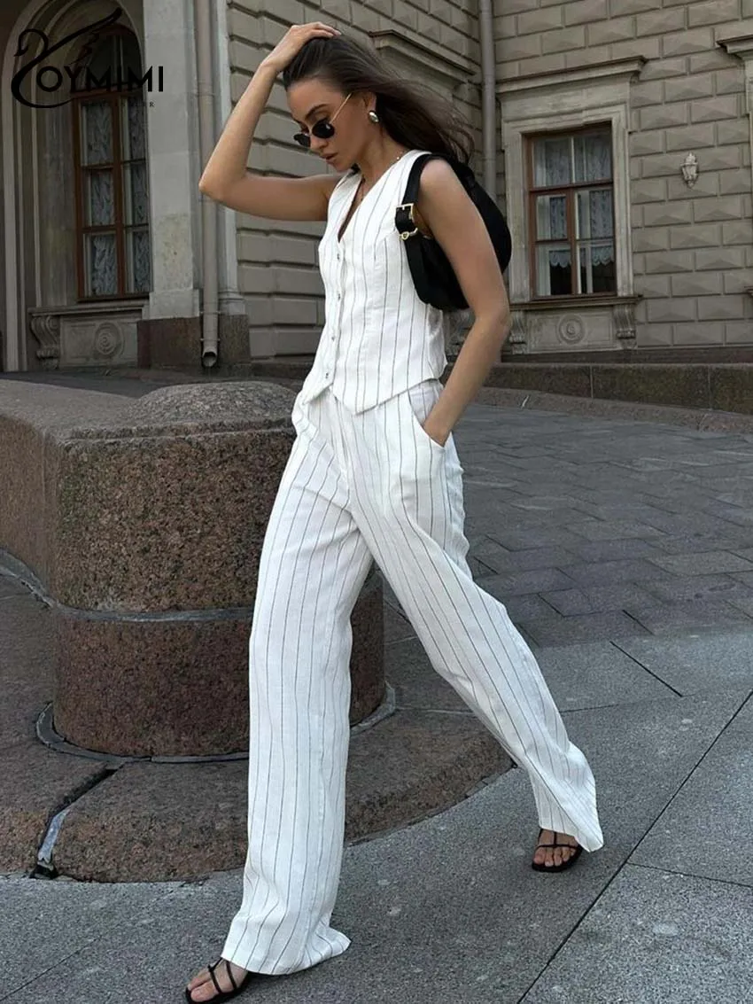 Oymimi Casual White Print Women 2 Piece Set Outfit Fashion V-Neck Sleeveless Tank Tops And High Waist Straight Trousers Sets