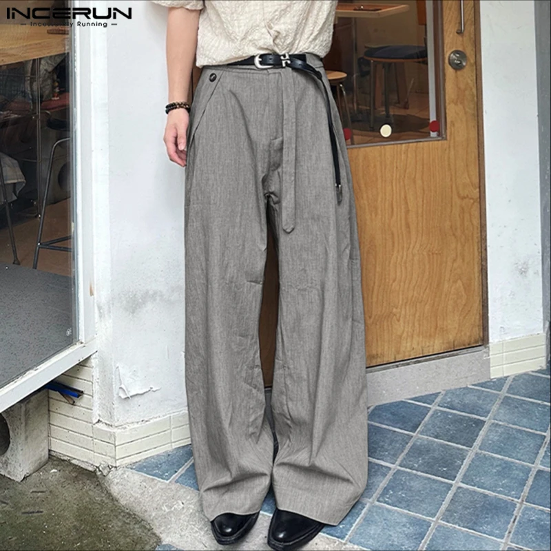 INCERUN 남성 바지 솔리드 컬러 루즈 버튼 조거 캐주얼 스트레이트 바지 남성 스트리트웨어 2025 패션 남성 롱 팬츠 S-5XL