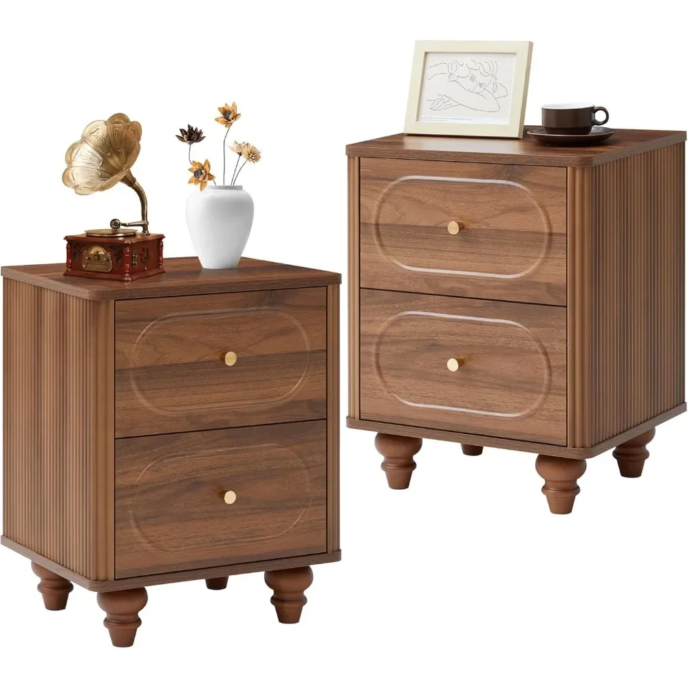 

2 Drawer Recessed Nightstand Set of 2, Mid-Century Modern Farmhouse Nightstand for Bedroom, Walnut