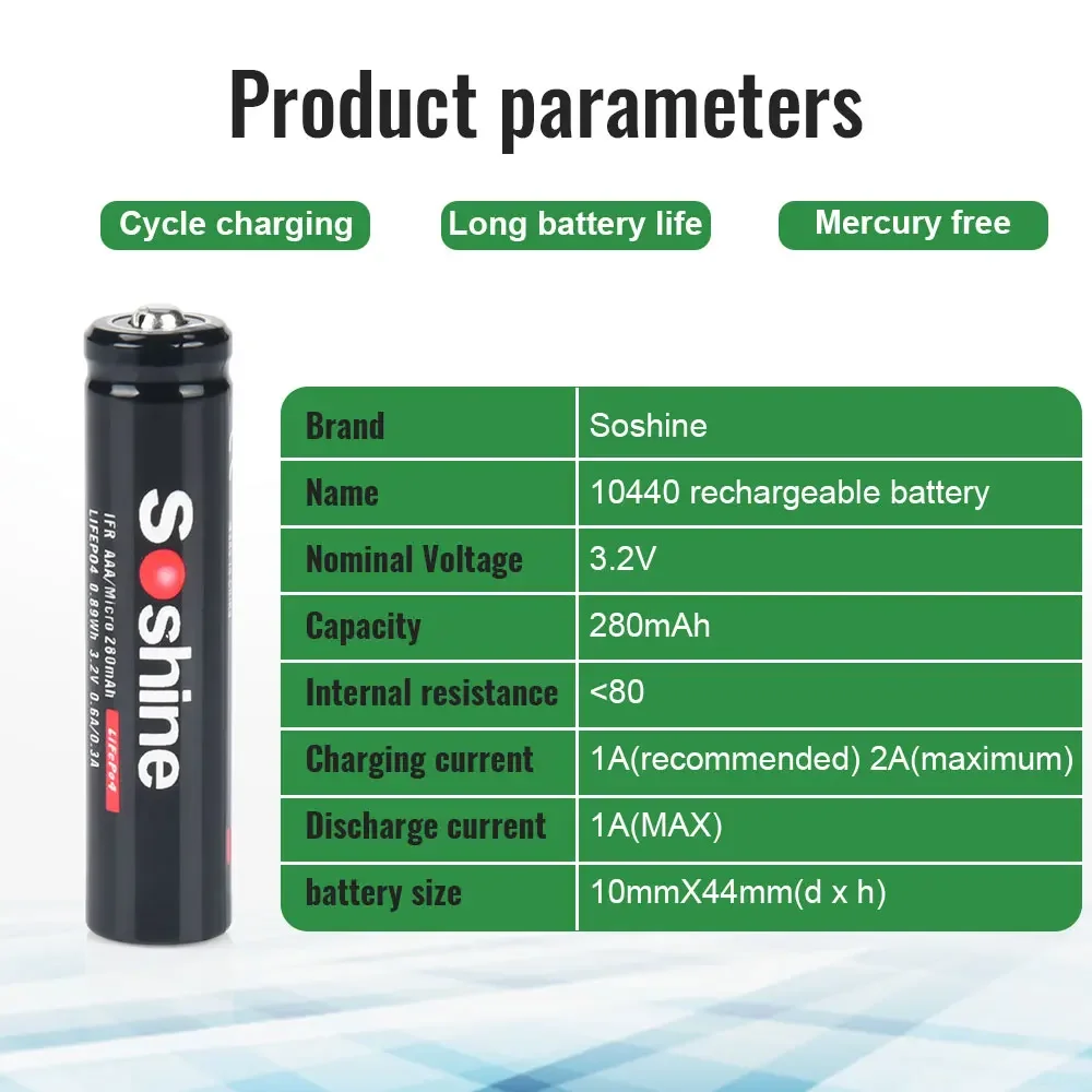 Soshine 10440 280mAh LiFePO4 batteria ricaricabile e caricabatterie 3.2V AAA 14500 10440 caricabatteria intelligente 2 Slot con cavo ue usa