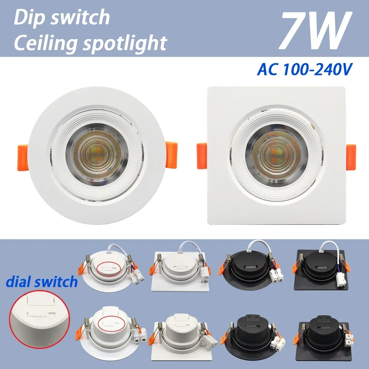 3pcs Tricolor Dimming Embedded LED Ceiling Spotlights AC100-240V 90° Adjustable Angle Downlight 7W 770lm for Home Decoration