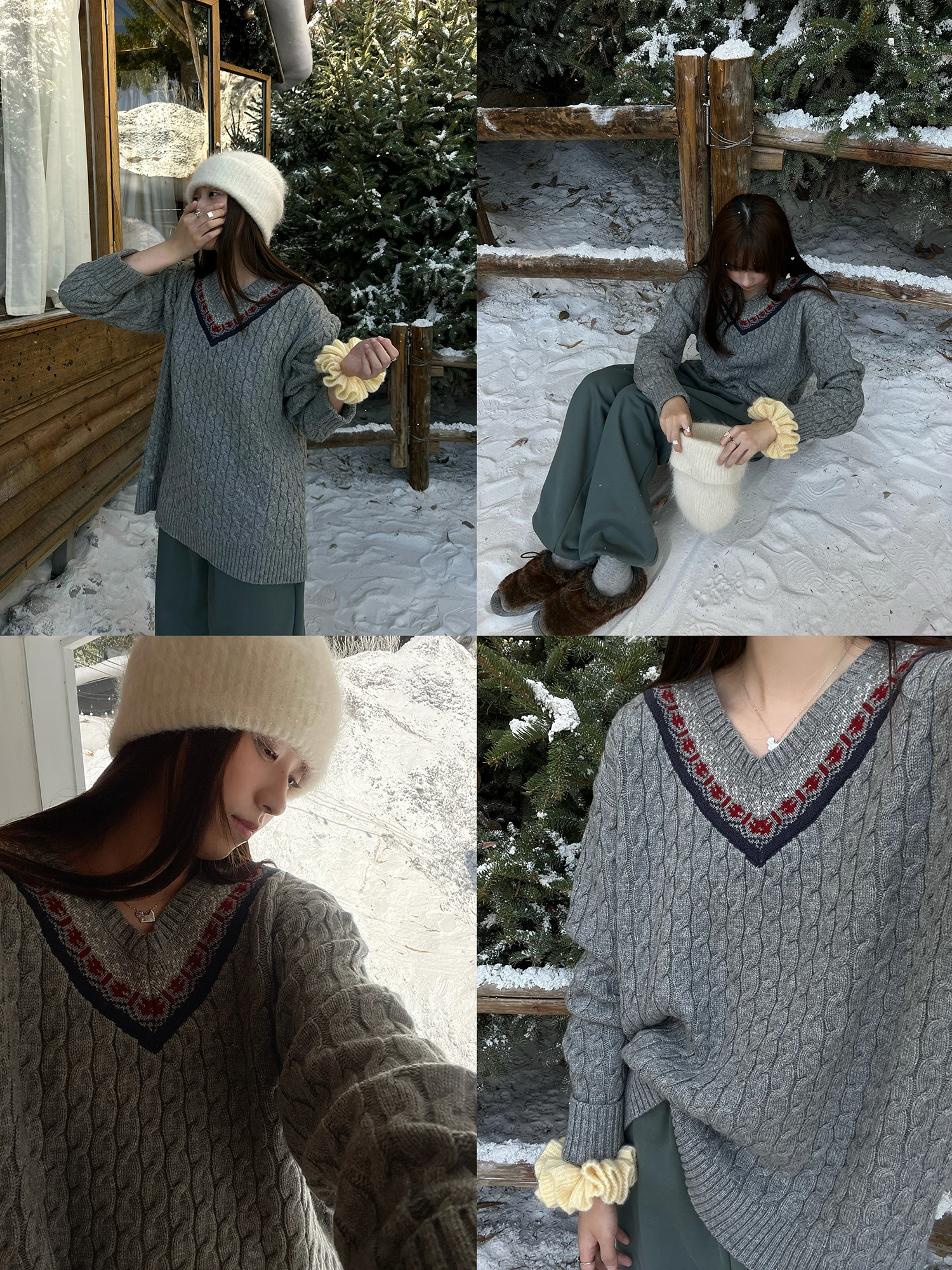 

Вязаный свитер POXFFEE Cisas для женщин, осенне-зимний, с V-образным вырезом, свободного кроя, из смесовой шерсти, с длинными рукавами, вязаная одежда, элегантный дизайн премиум-класса