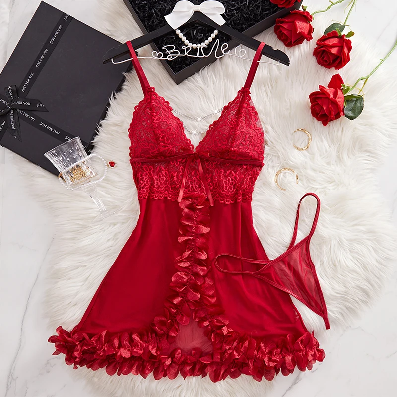 

Sexy Women's Valentine's Day Gift Erotic Costumes See Through Red Lace Sling Sleepwear Thong Two-piece Babydoll Nightgown Dress