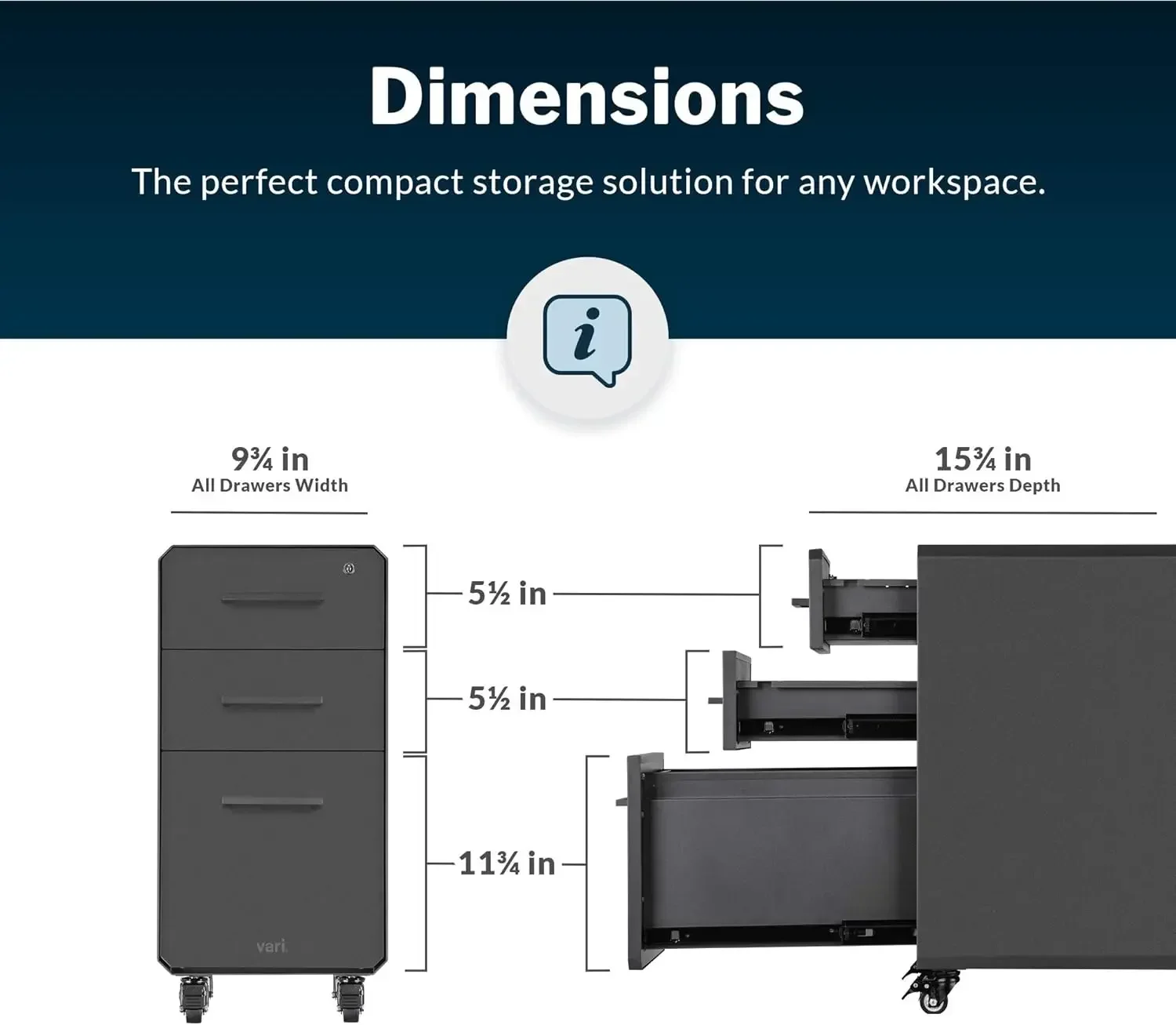 Vari Slim File Cabinet - Three Drawer Office Filing Cabinet - Compact, Mobile Pedestal with Heavy-Duty Steel - Home or Office