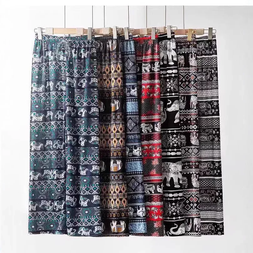 Pantalones de pierna ancha de elefante tailandés para mujer, pantalones informales sueltos rectos drapeados de cintura alta para primavera y verano, estilo étnico hasta el suelo Pa