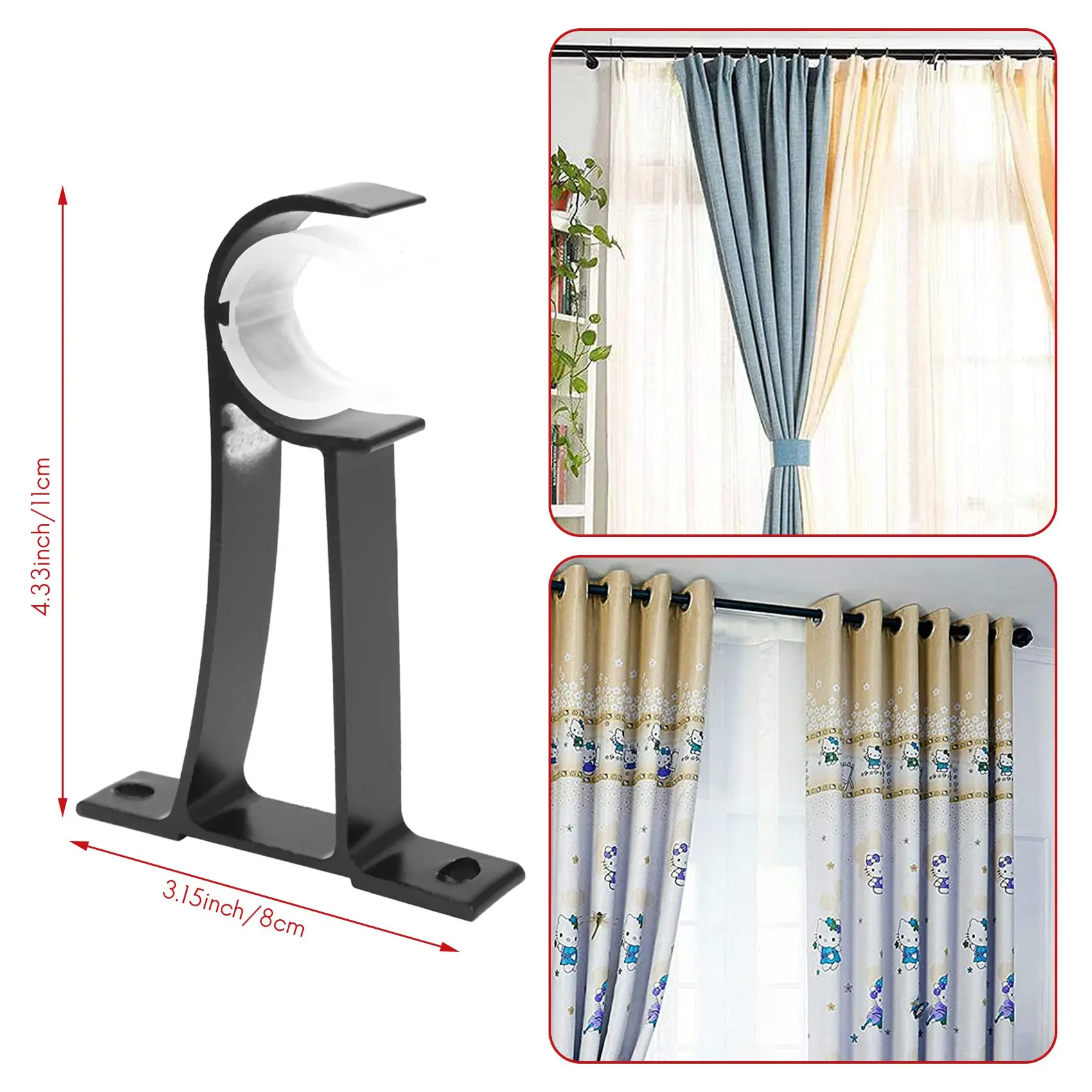 Y51A-4 Pack Single Curtain Rod Brackets For Drapery Rod Aluminum Alloy Heavy Duty Curtain Rod Holders (Black)