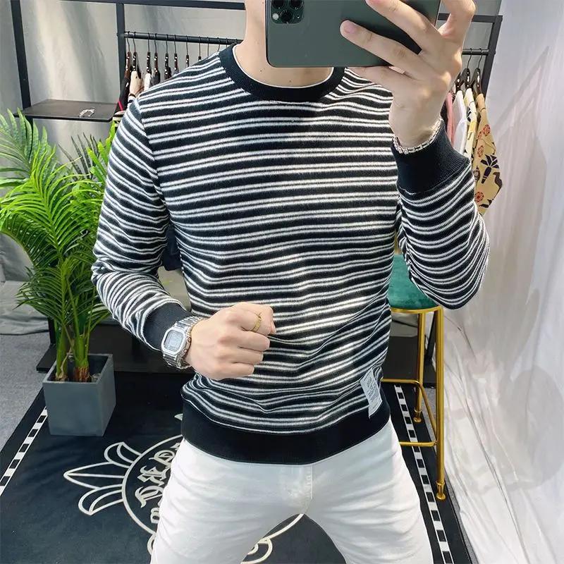 Casual Male Clothes Round Neck Striped Trend Sweatshirts Autumn Winter New Fashion All-match Patchwork Long Sleeve for Men