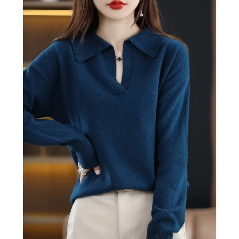 Autumn Winter New Woman 100% Wool Sweater Soft Polo Collar Pullover Casual Knitted Solid Color Tops Cashmere Female Sweater