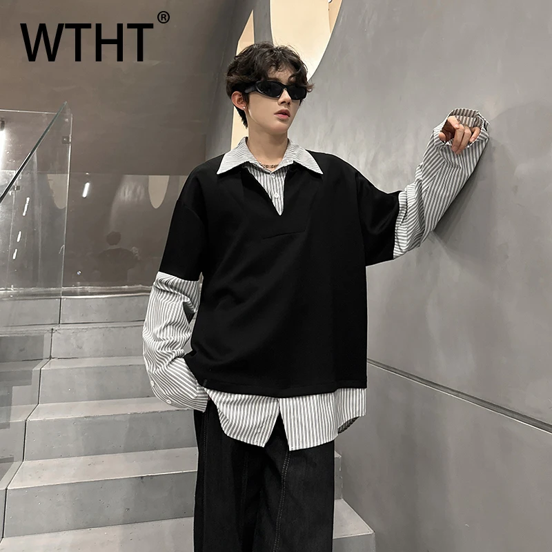 

Модные мужские футболки WTHT с имитацией двухслойности и полосатым дизайном, летние контрастные топы с отложным воротником, модель 2026 года, артикул 2A3002