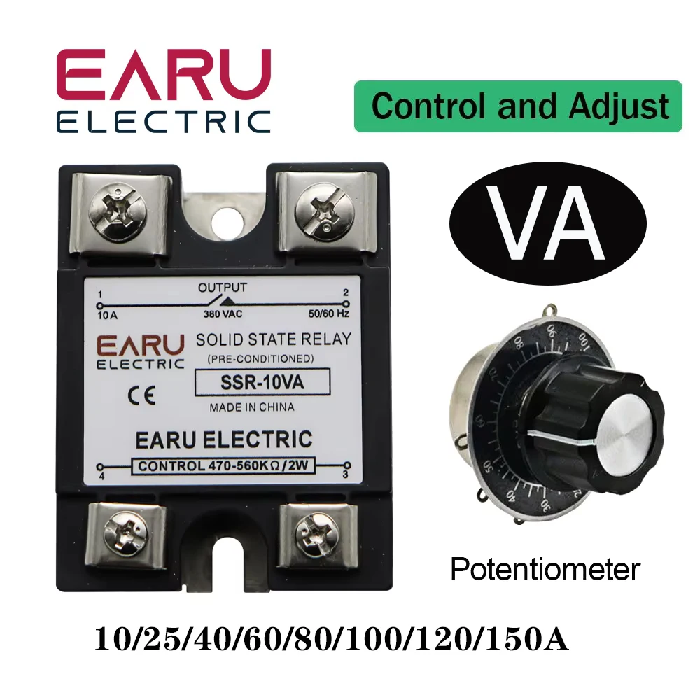 SSR-10VA SSR-25VA SSR-40VA SSR Solid State Relay Voltage Regulator AC 380V Output+Potentiometer for PID Temperature Controller