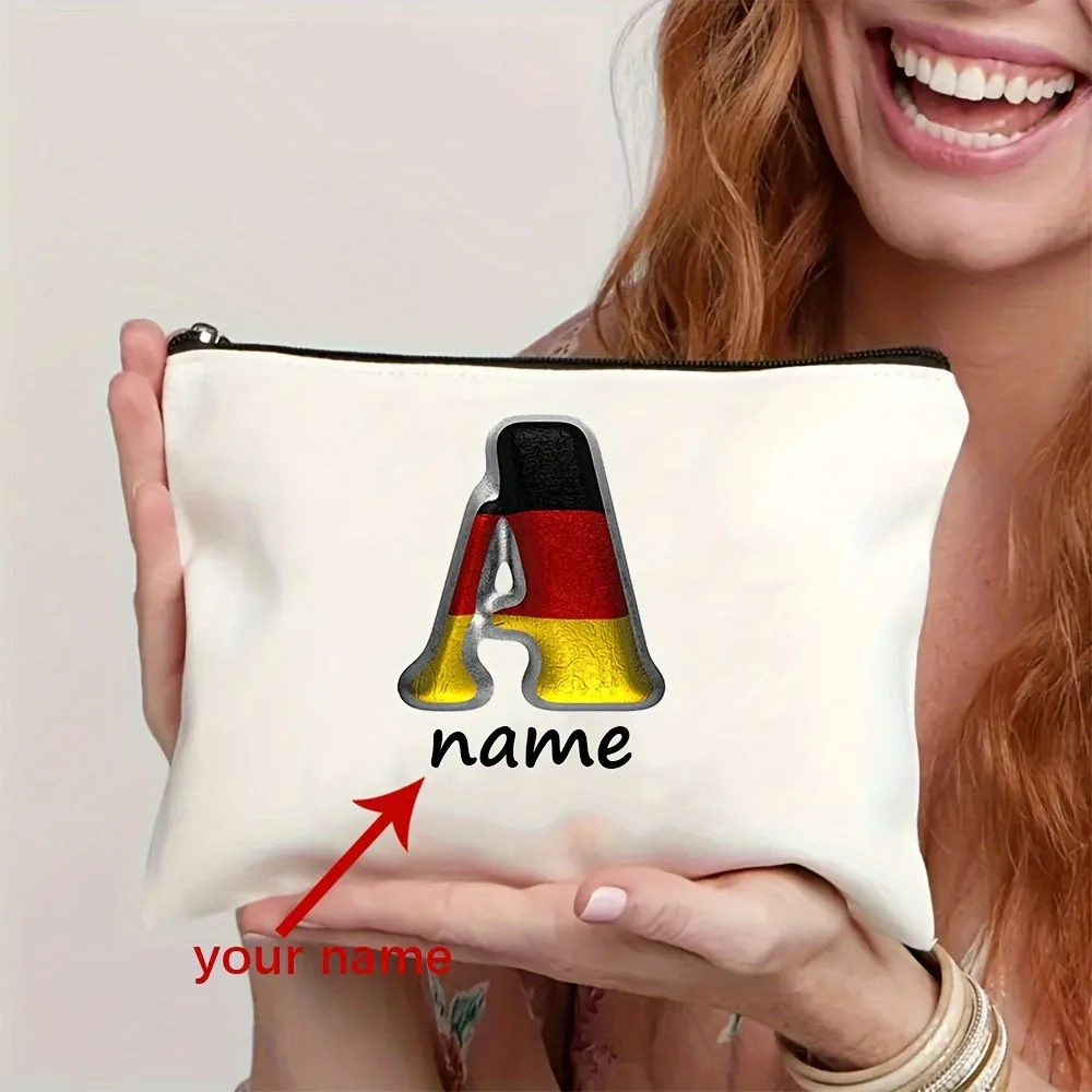 Custom Name German Flag Monogram Letter Makeup Bag Personalized Zipper Cosmetic Pouch Travel Storage Gift for Germany Fans
