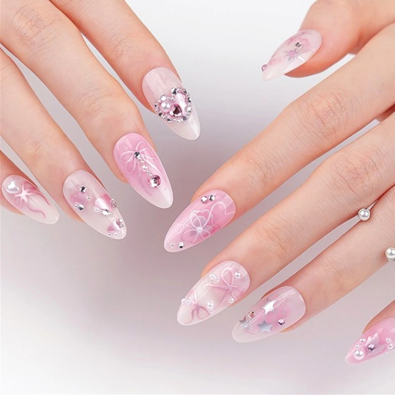 

Shiny Rhinestone Pearl Pink Glitter Love Bowknot Chic Nail Art Wearable False Nail Detachable Finished Fake Nails Press on Nails
